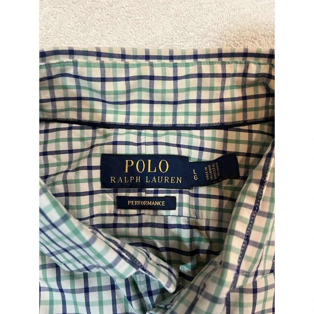 Polo Ralph Lauren Performance Men Large Blue Green‎ Tattersall Check Pony Oxford